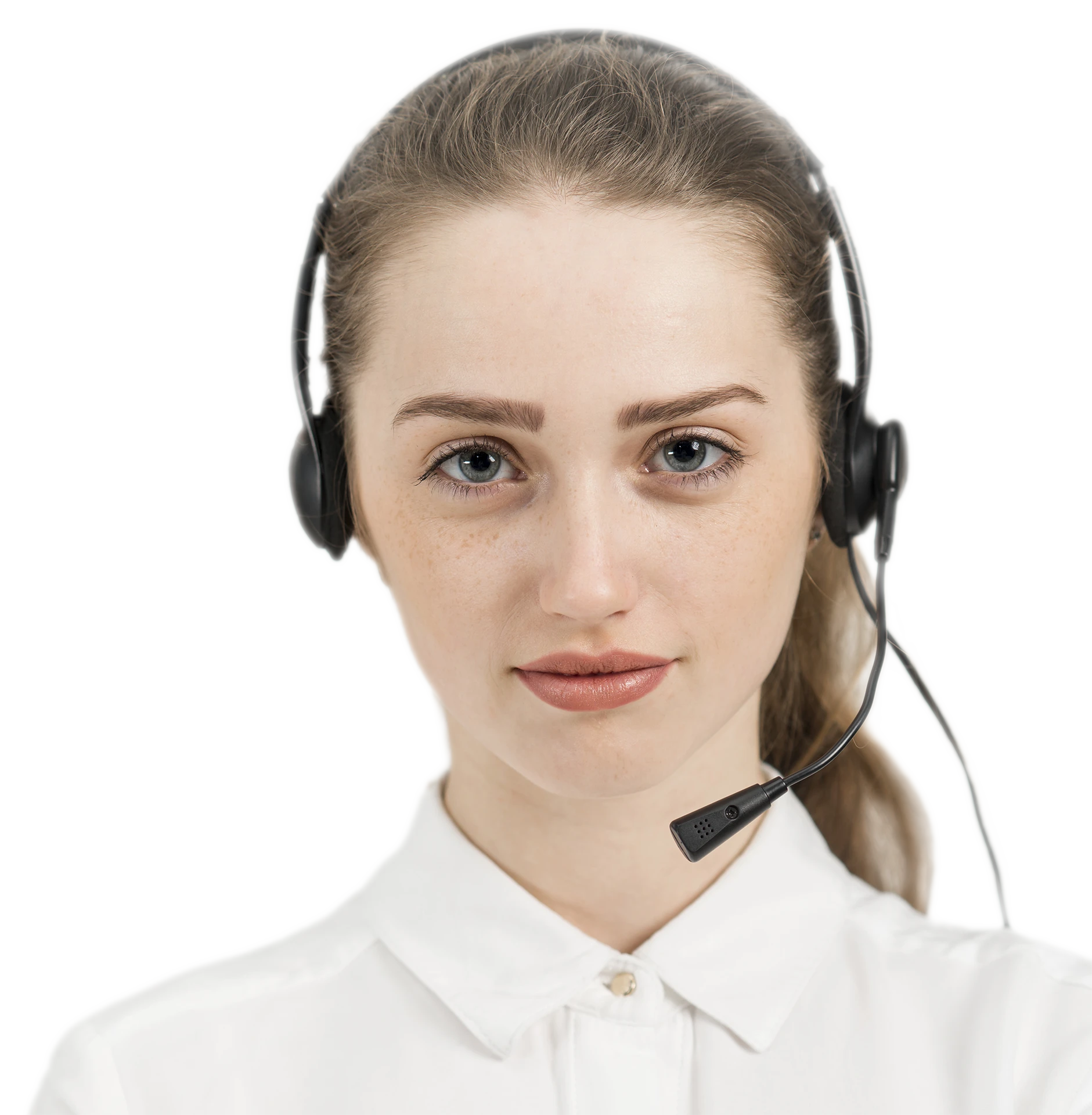 Vrouwelijke klantenservice medewerker van ClikQ met headset en witte blouse kijkt recht in de camera, voor technische ondersteuning.