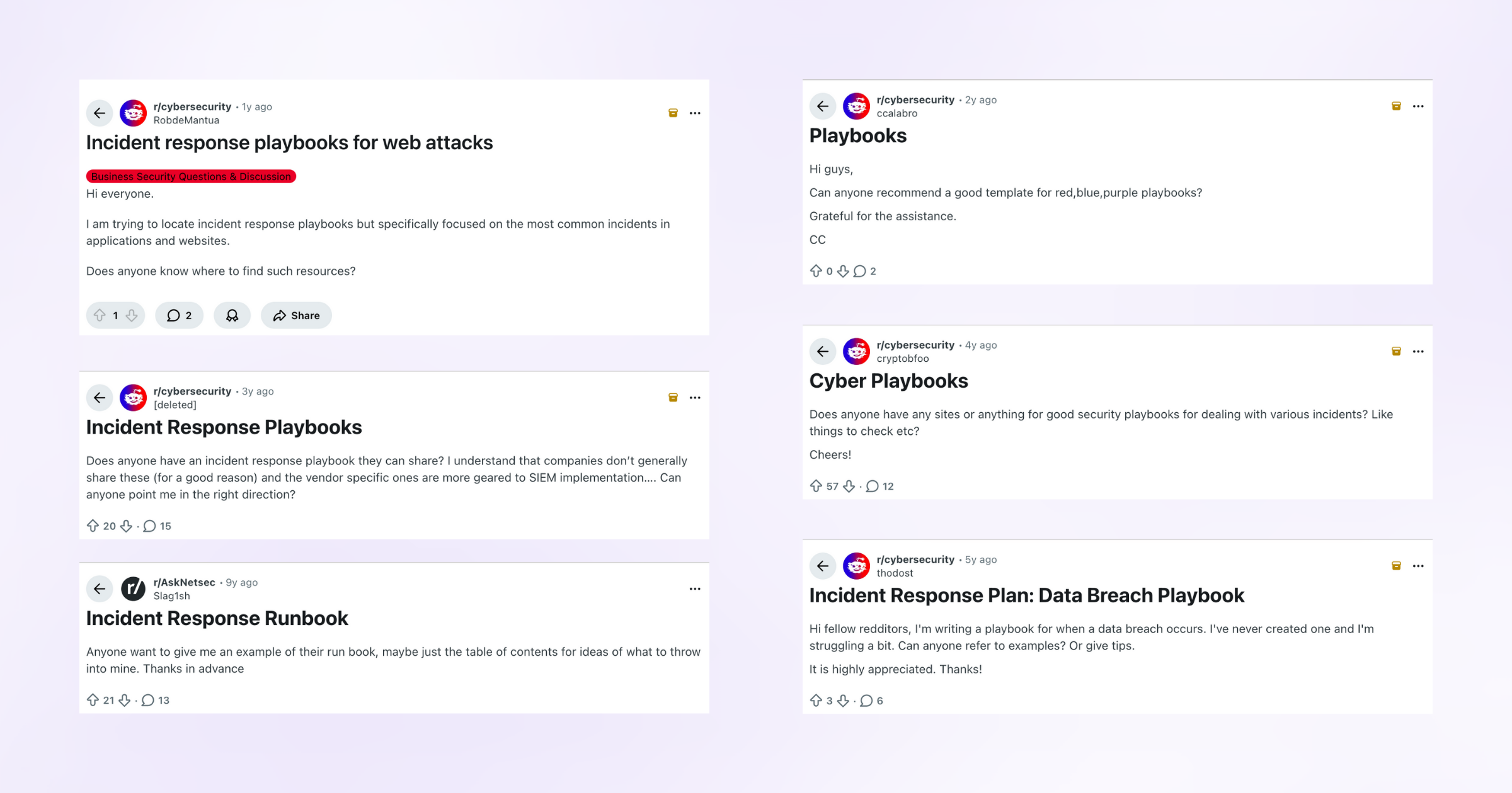 Cymph blog image showing a little selection of Reddit threads of redditors asking for security and incident response playbooks examples and templates