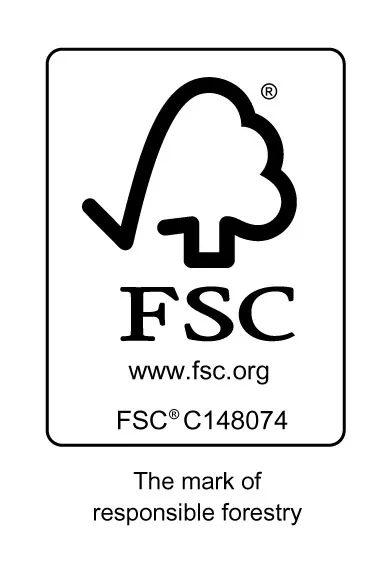 FSC logo with a tree outline and check mark symbol, text says 'FSC www.fsc.org FSC C148074 The mark of responsible forestry.'