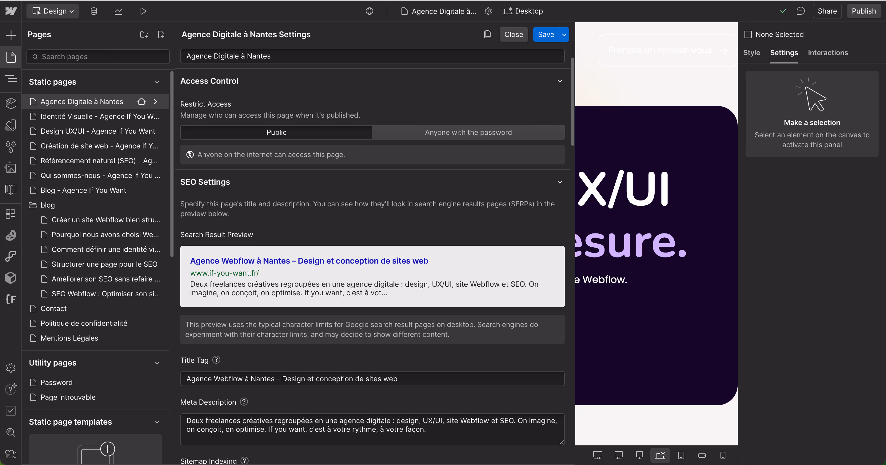 Interface SEO sur Webflow