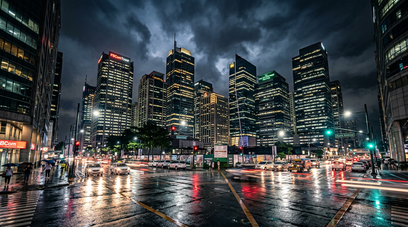 Philippines Makati Avenue financial district skyline at night with rain reflections