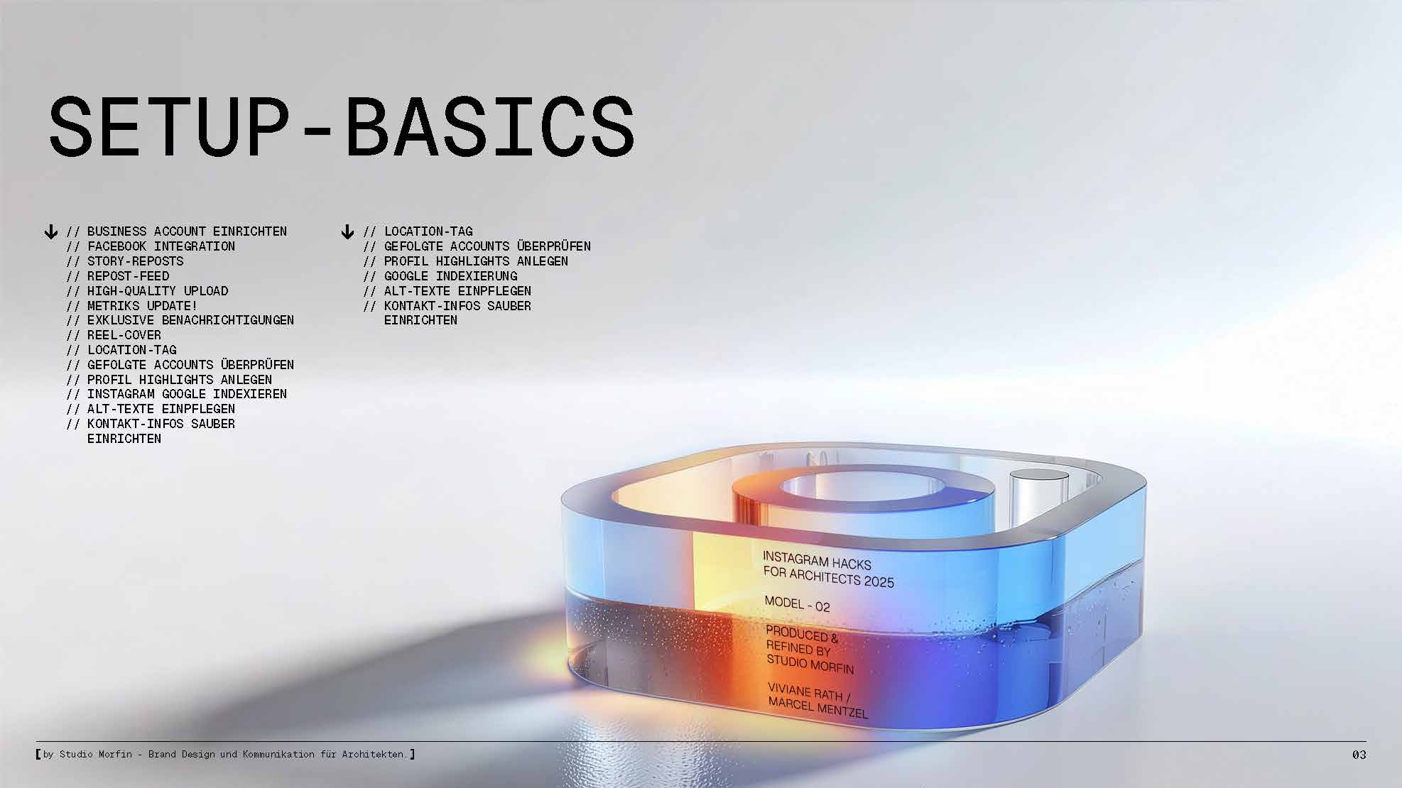 Grafisch aufbereiteter Auszug aus „31 Instagram Hacks for Architects“ zur verständlichen Positionierung von Architekt:innen auf Instagram.