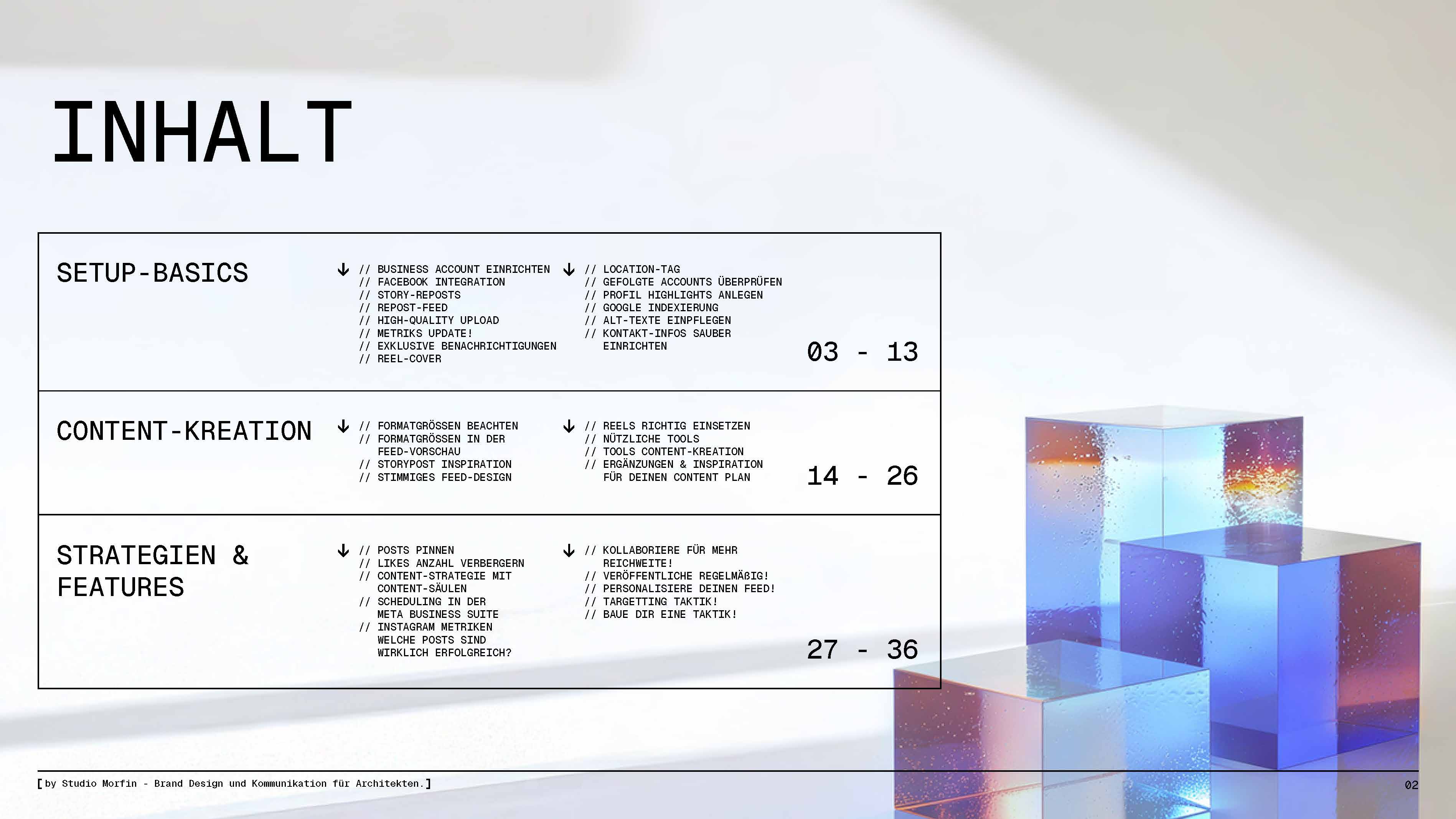 Visualisierter Leitfaden aus „31 Instagram Hacks for Architects“ zur Entwicklung einer konsistenten Instagram-Strategie für Architekt:innen.