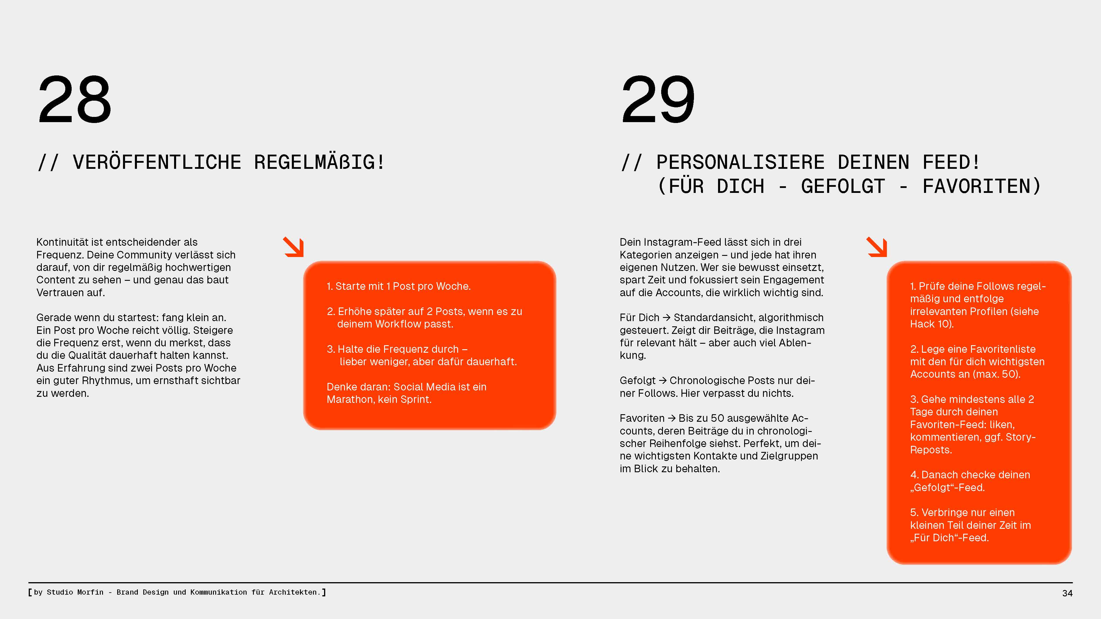 Ausschnitt aus dem Dokument „31 Instagram Hacks for Architects“ mit Fokus auf Sichtbarkeit, Wiedererkennbarkeit und Struktur im Content.