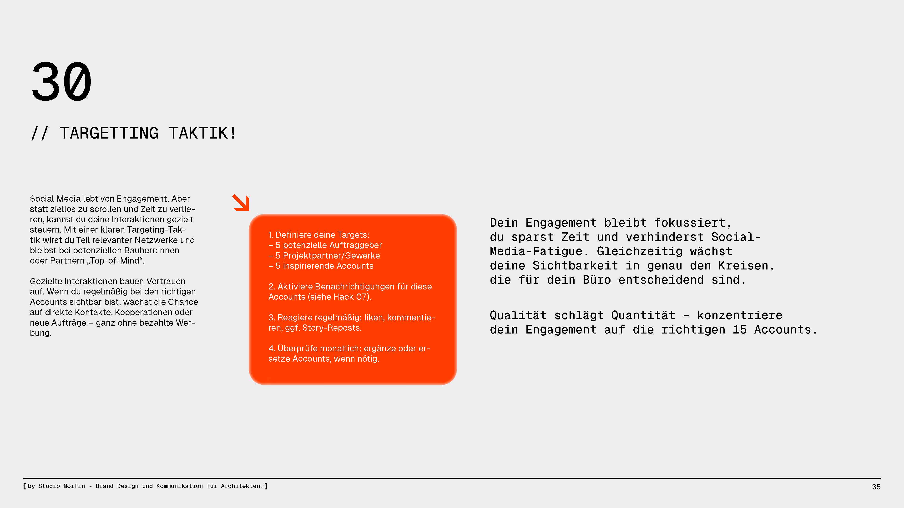 Ausschnitt aus dem Dokument „31 Instagram Hacks for Architects“ mit Fokus auf Sichtbarkeit, Wiedererkennbarkeit und Struktur im Content.