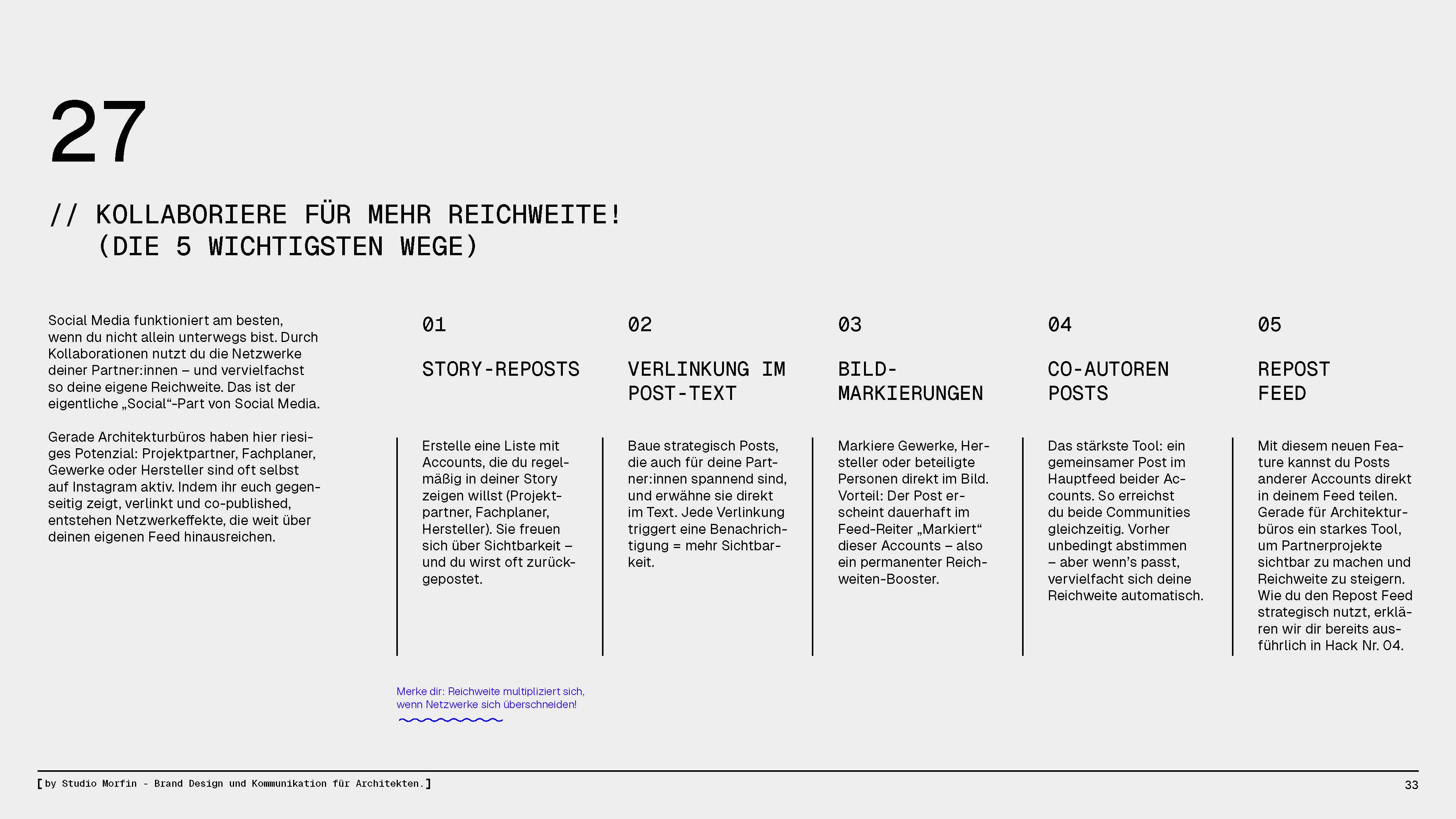 Auszug aus „31 Instagram Hacks for Architects“ zur strategischen Nutzung von Social Media im Architekturkontext.