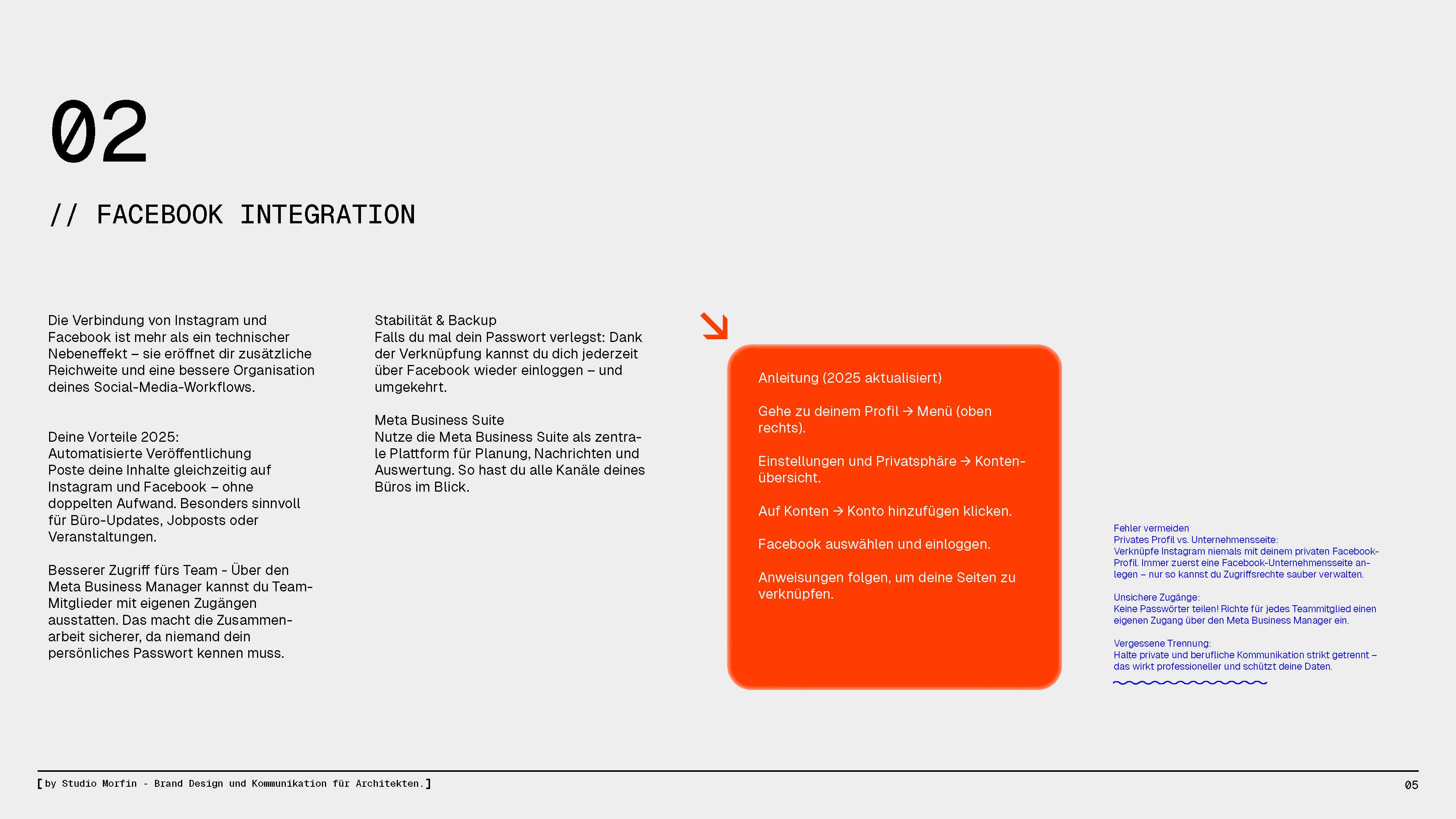 Seite aus dem Dokument „31 Instagram Hacks for Architects“ mit praxisnahen Empfehlungen zu Content-Formaten für Architekturbüros.