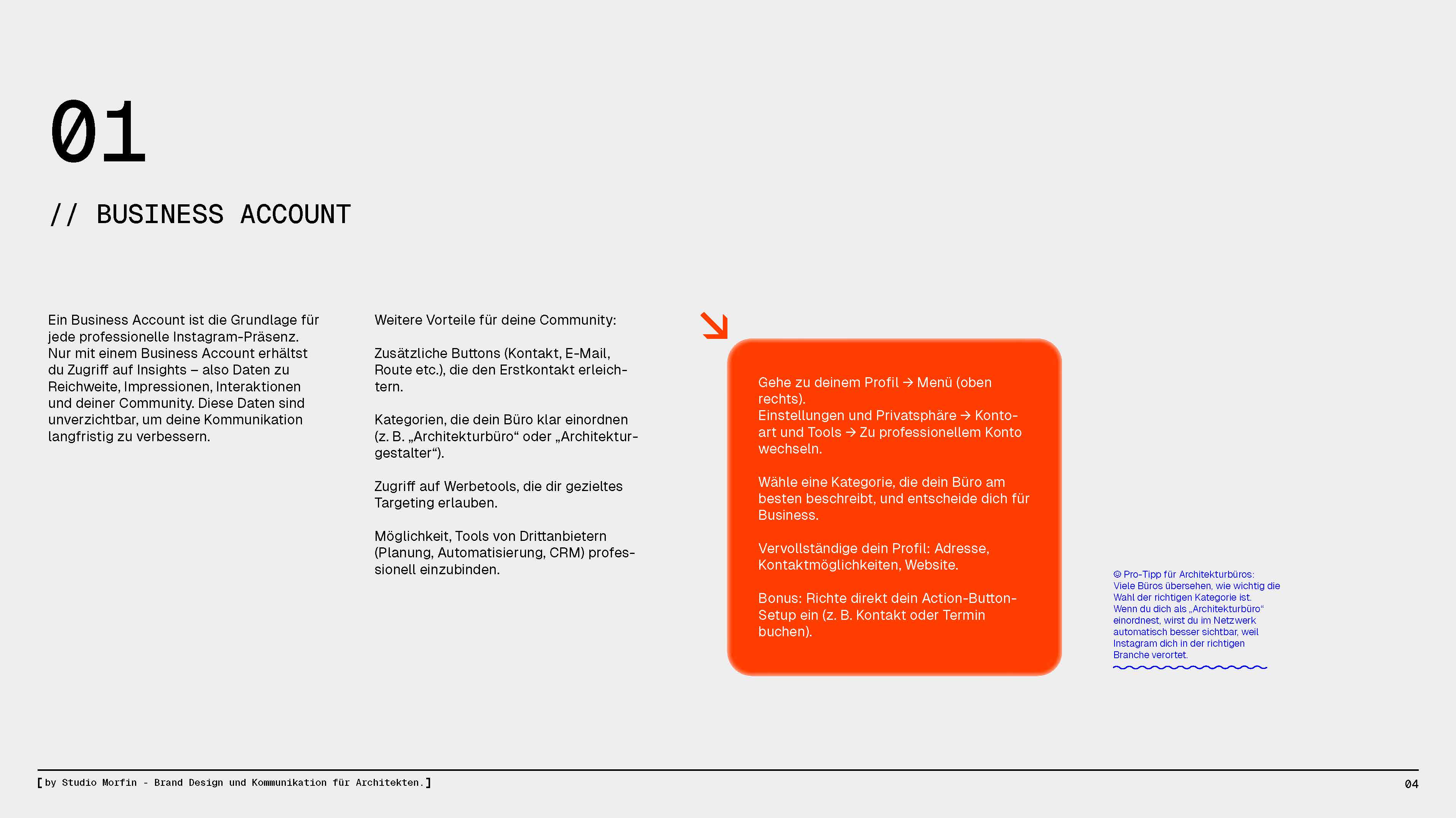 Didaktisch erklärter Ausschnitt aus „31 Instagram Hacks for Architects“, der zeigt, wie Architekturprojekte auf Instagram klar kommuniziert werden können.