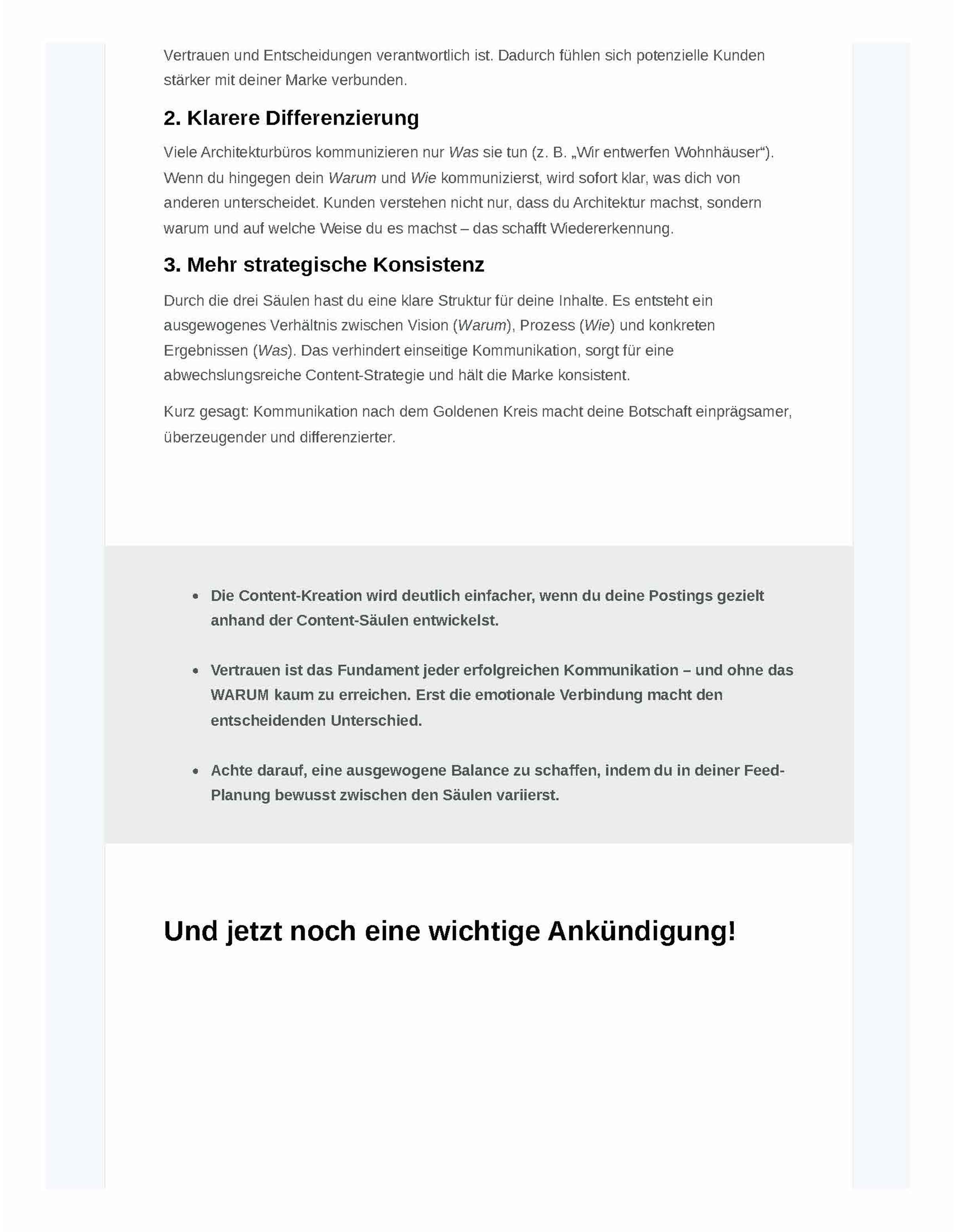 Ausschnitt aus dem Newsletter „Archi Input“, der zeigt, wie Architekturbüros ihr Warum klar kommunizieren können.