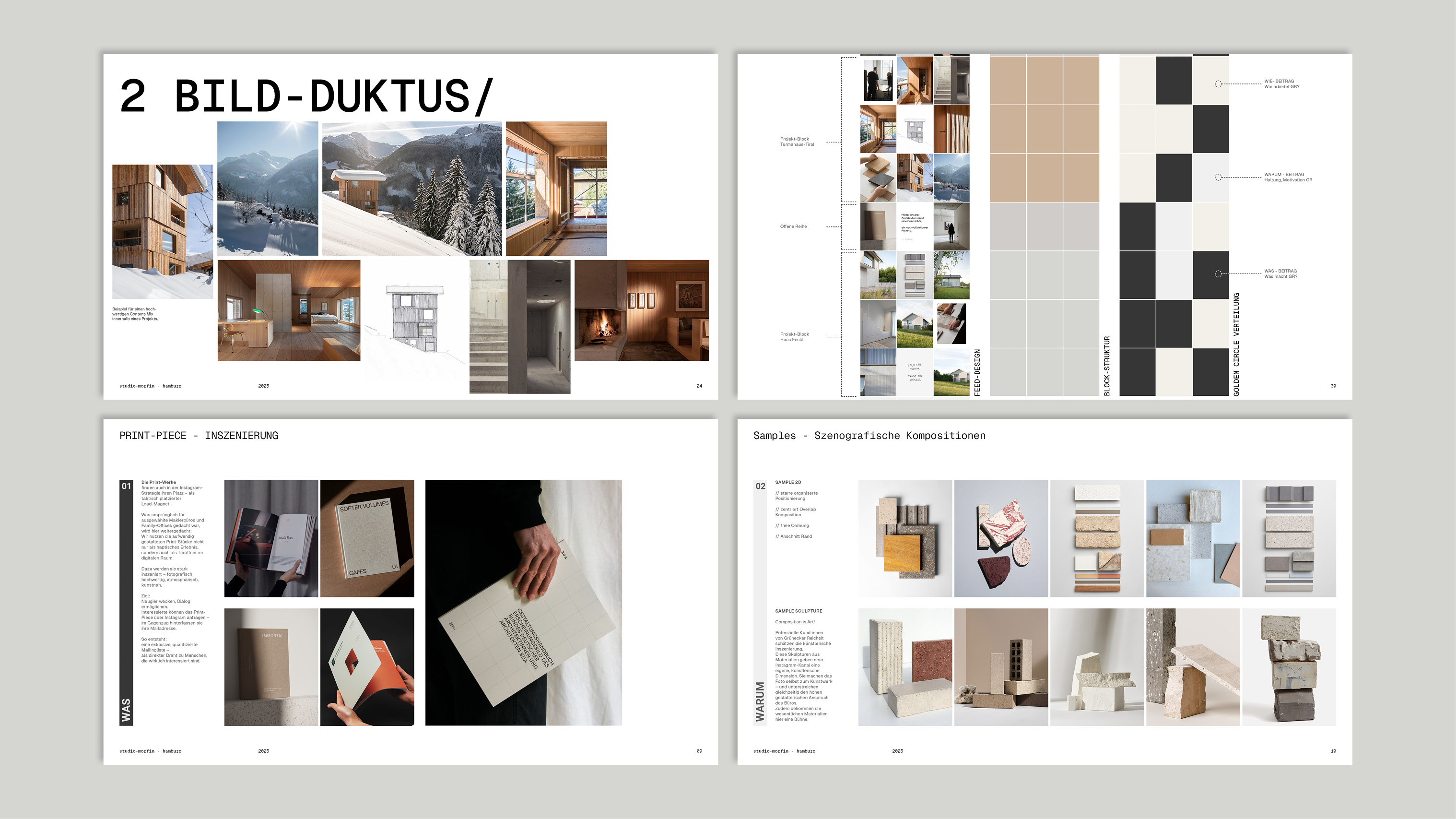 Zweistufige Layout-Seite mit Architektur- und Designprojekten, darunter Bilder von Holzgebäuden im Schnee, Innenaufnahmen, grafische Diagramme sowie produktive Print- und Materialkompositionen. FEED DESIGN von grünecker reichelt architekten by studio morfin