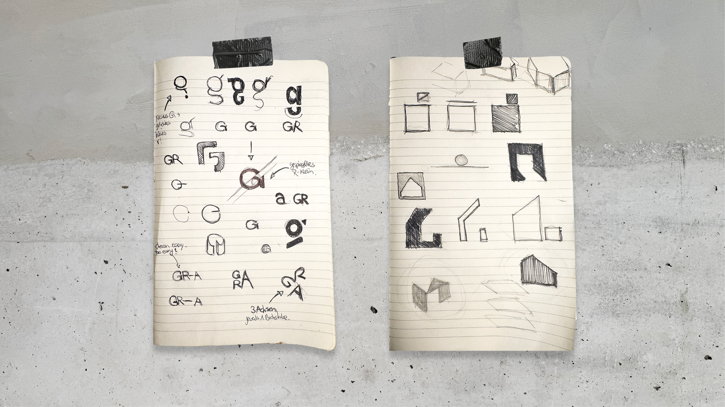 studio morfin: Auszug aus der Markenstrategie und Contentstrategie für GRÜNECKER REICHELT ARCHITEKTEN. logo entwürfe als skizzen