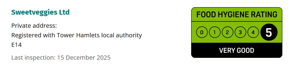 Food Hygiene Rating of 5 Sweet Veggies