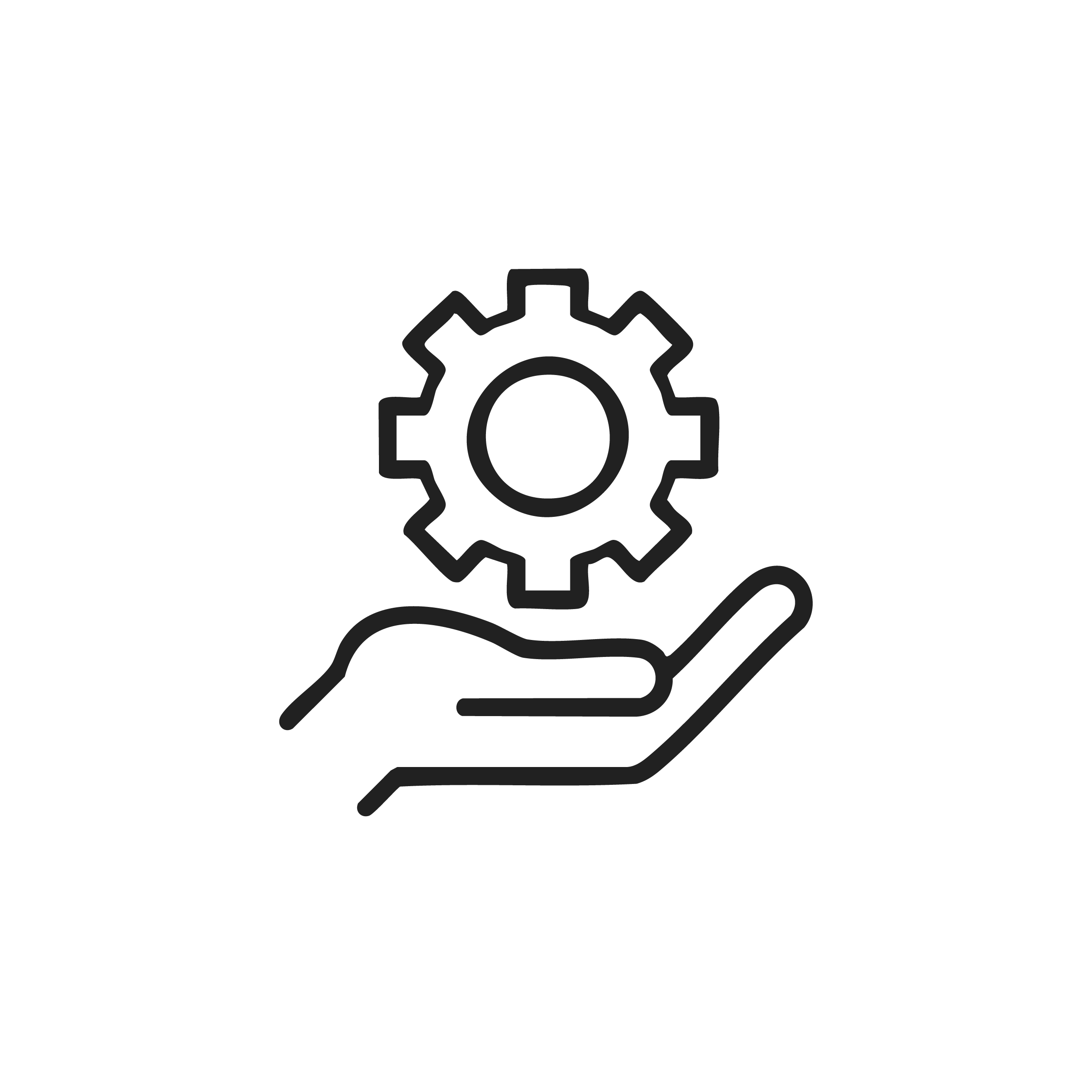 Icono de mano con engranaje, representa soporte técnico posterior a la entrega del informe