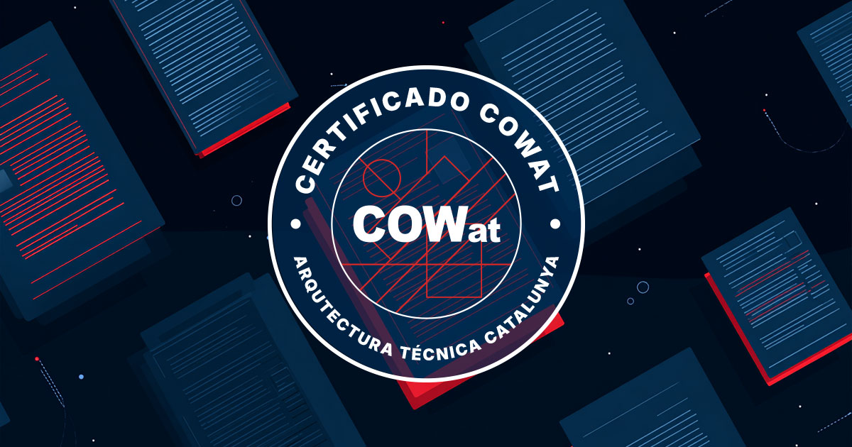 Blue-toned digital illustration of multiple documents with a central white circular seal reading 'Certificado COWat Arquitectura Técnica Catalunya' surrounding the bold text 'COWat'.