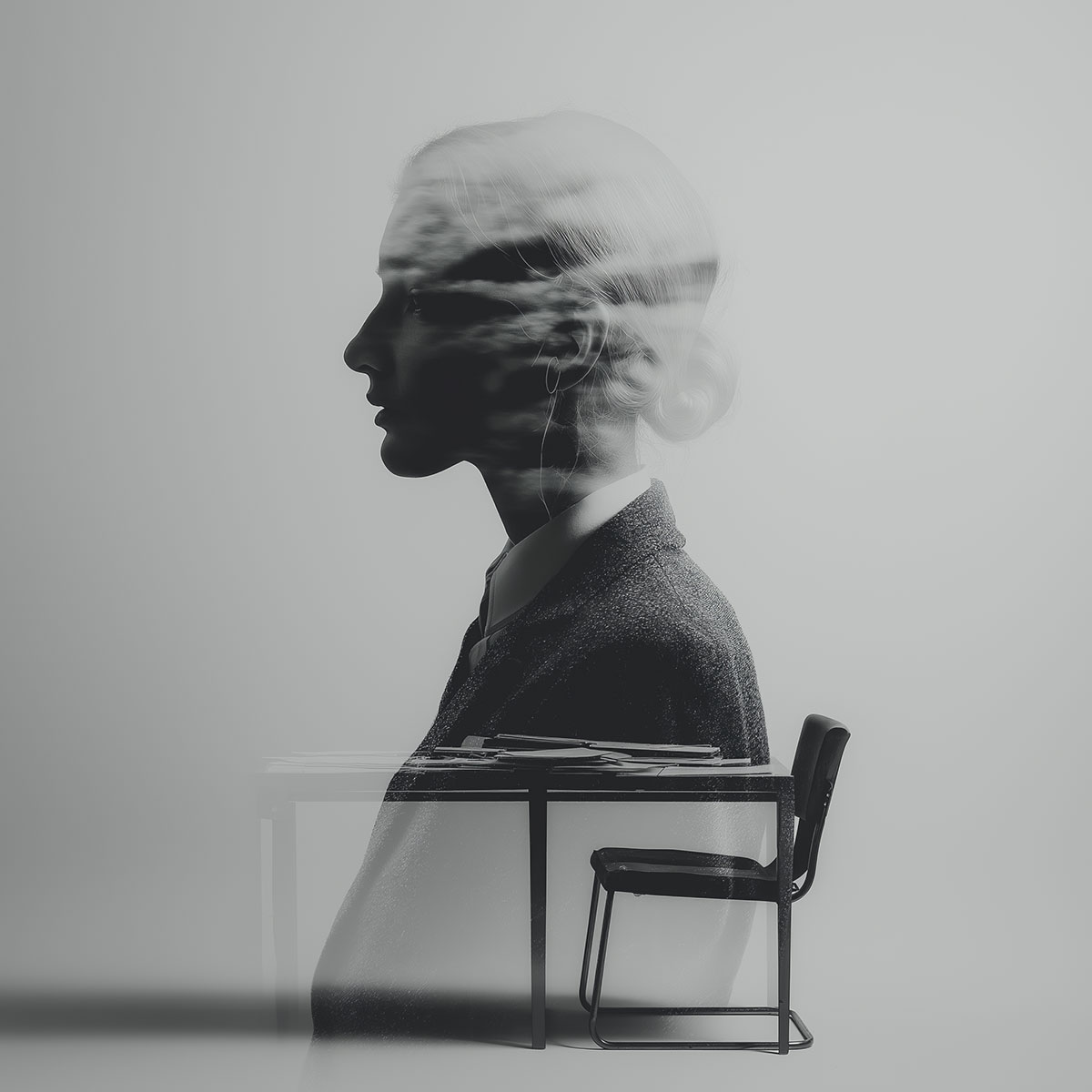 Retrato en doble exposición de una mujer y un escritorio vacío, simbolizando una compraventa suspendida por falta de documentación técnica.