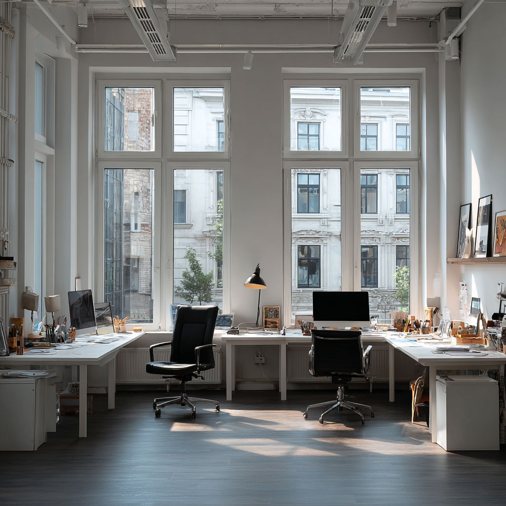 Despacho técnico luminoso con escritorios y ordenadores, representando el estudio profesional de arquitectura técnica Cowat especializado en certificaciones en Catalunya.