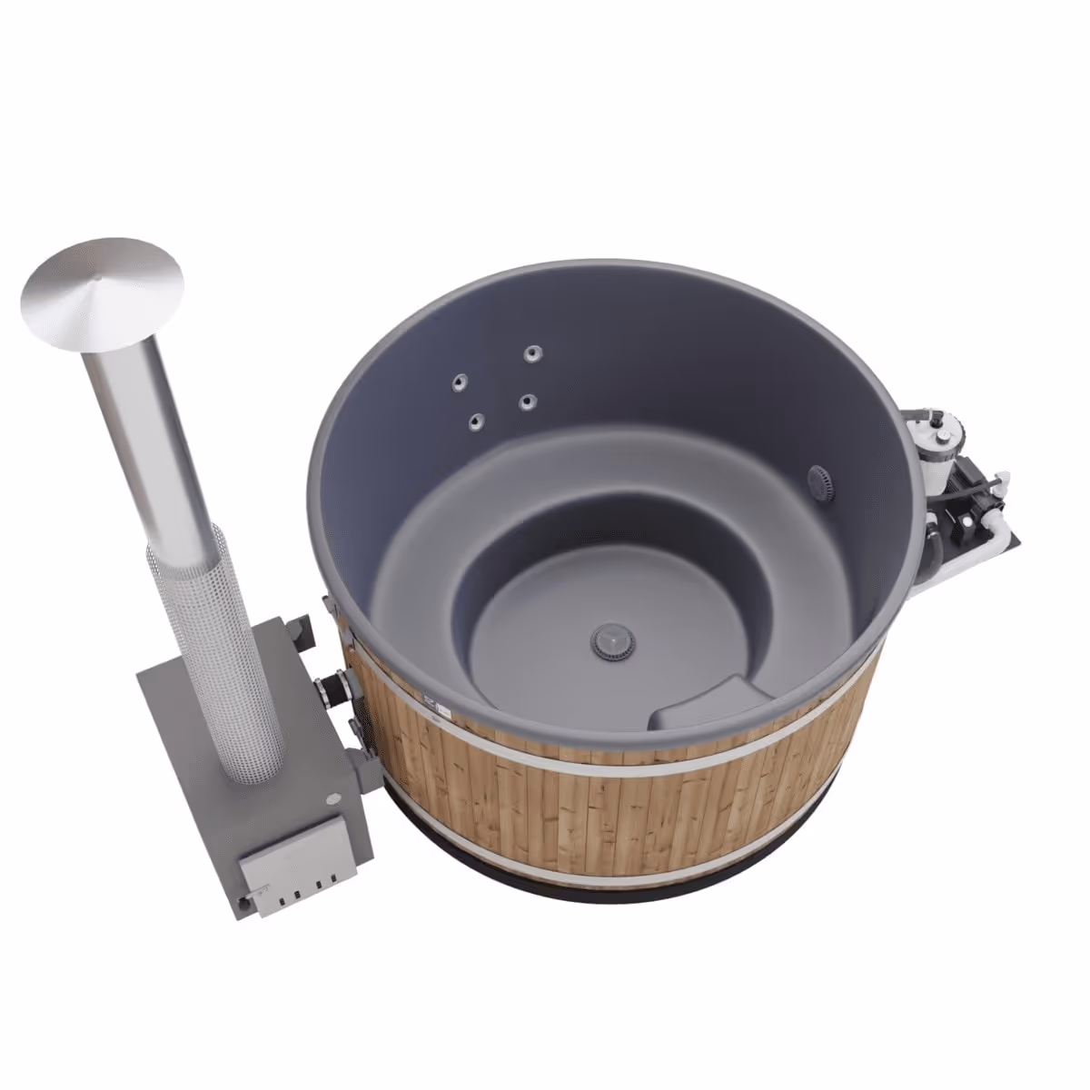 Top view of a round wooden hot tub with built-in seating and an attached wood stove heater with chimney.