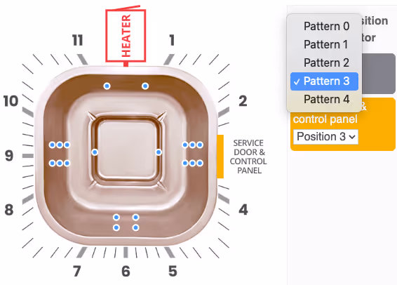 Top-down view of a square hot tub with heating element indicated and blue dots marking jet patterns with a dropdown menu selecting Pattern 3.