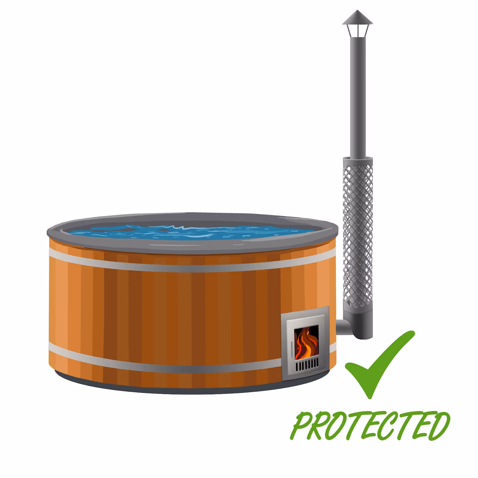 Illustration of a wooden hot tub with a metal stove and chimney, a fire visible inside, and a green checkmark with the word 'PROTECTED'.