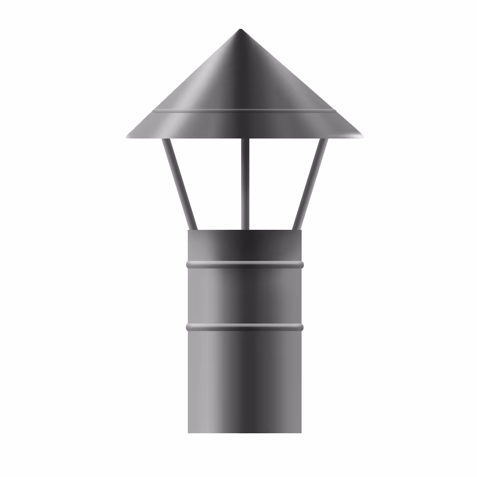 Metal chimney cap with conical top and cylindrical base.