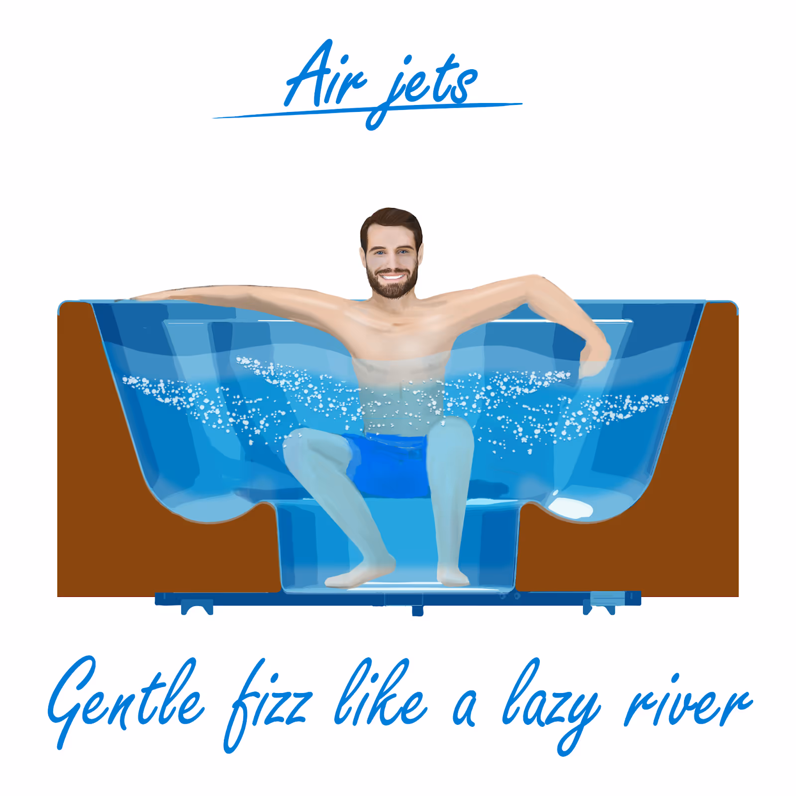 Illustration of a man relaxing in a sectional pool with air jets creating gentle fizzing bubbles around him.
