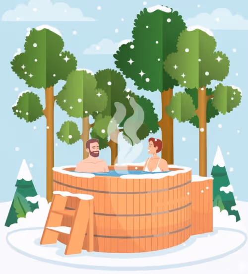 Illustration of a man and woman relaxing in a steaming wooden hot tub surrounded by snowy trees in winter.