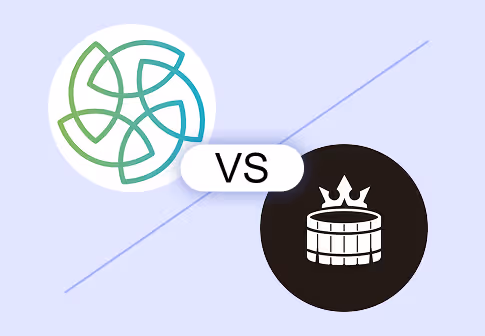 Graphic showing a versus matchup between two logos, one circular with an abstract green and blue design and the other black with a crown above a barrel icon.