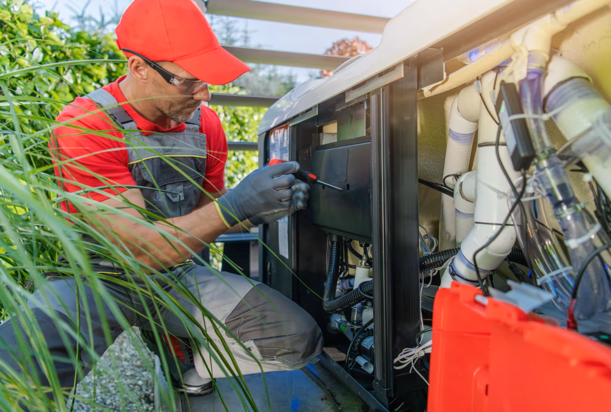Technician wearing a red cap and gloves repairing a hot tub's internal plumbing outdoors.