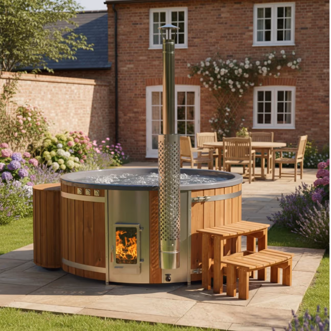 Wooden outdoor hot tub with metal chimney and small wooden steps on patio beside a garden with flowers and a brick house.