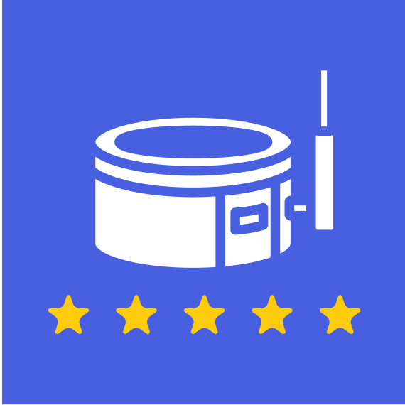 White wood-fired hot tub on a blue background above five yellow stars.