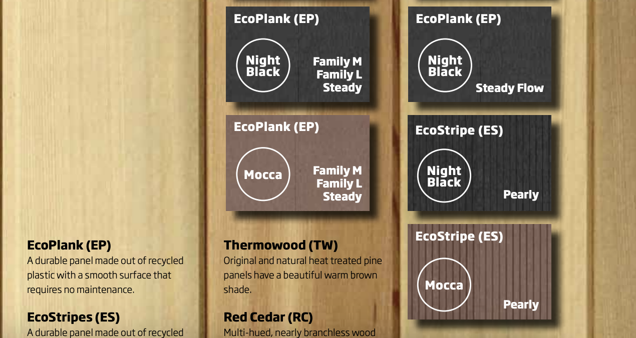 Wood flooring options displayed on a wooden background with four labeled samples: EcoPlank (Night Black and Mocca) and EcoStripe (Night Black and Mocca), accompanied by descriptions of EcoPlank, EcoStripes, Thermowood, and Red Cedar.