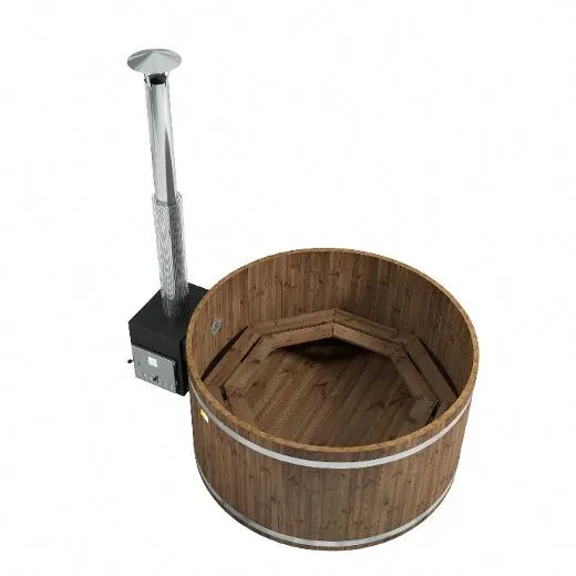 Round wooden hot tub with built-in bench seating and external stainless steel wood stove with chimney.