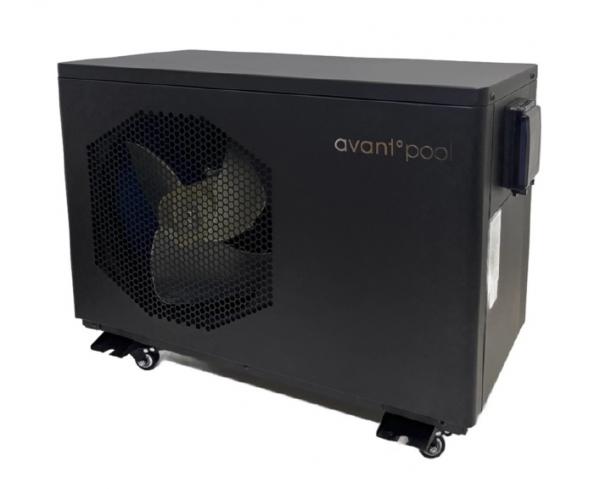 Black Avantopool air source heat pump unit with visible fan and caster wheels.