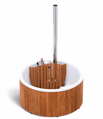 Round wooden hot tub with white interior and a tall metal chimney pipe.