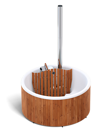 Round wooden hot tub with white interior and a tall metal chimney pipe.