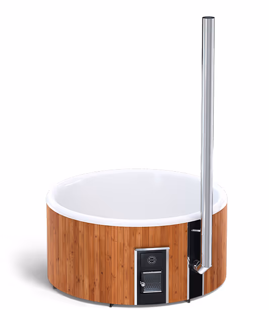 Round wooden hot tub with white interior and tall metal chimney pipe on the side.