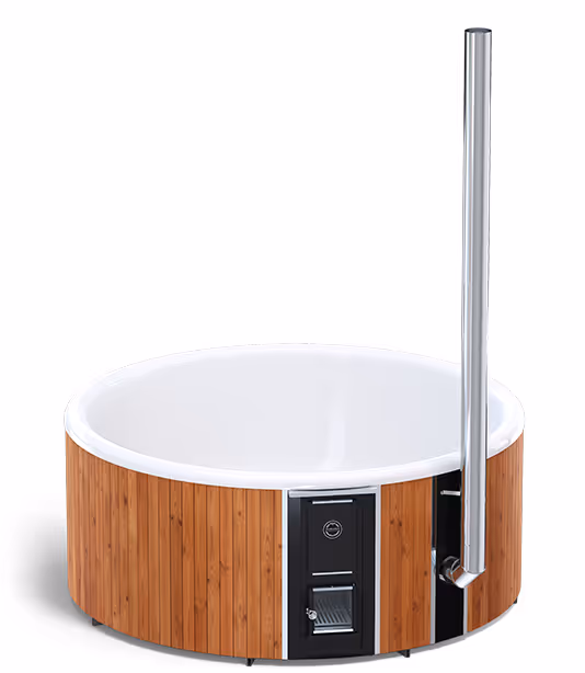 Round wooden hot tub with a white interior and a tall metal chimney pipe attached.
