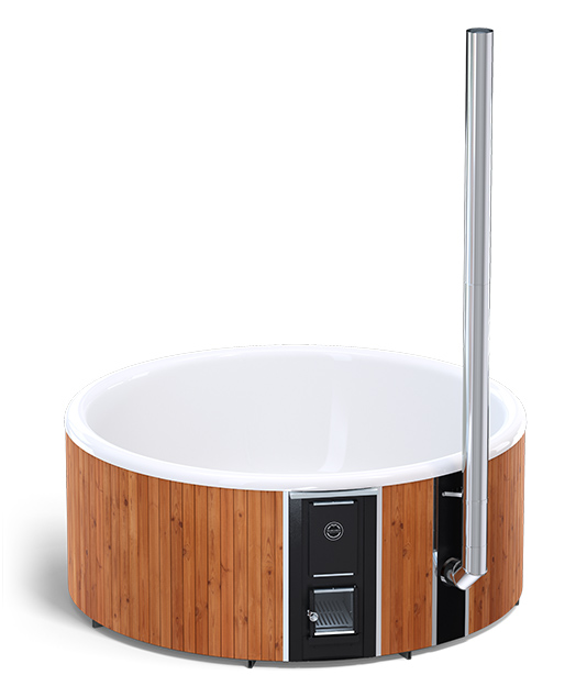Round wooden hot tub with a white interior and a tall metal chimney pipe attached.