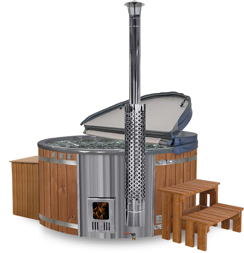 Round wood-fired hot tub with wooden exterior, metal chimney, attached wooden steps, and partially opened cover.