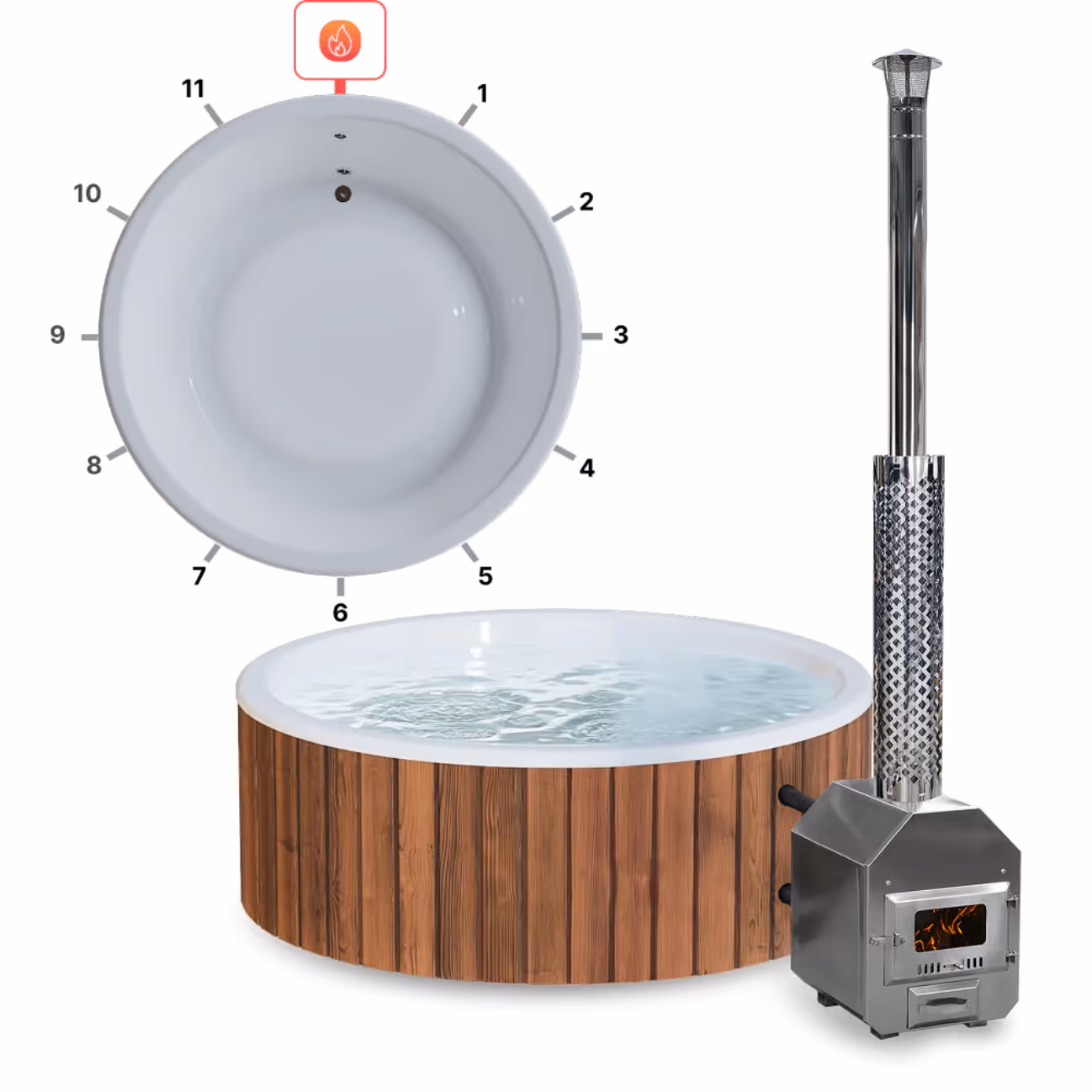 Wood-paneled hot tub filled with water connected to a stainless steel wood-burning stove with a tall chimney.