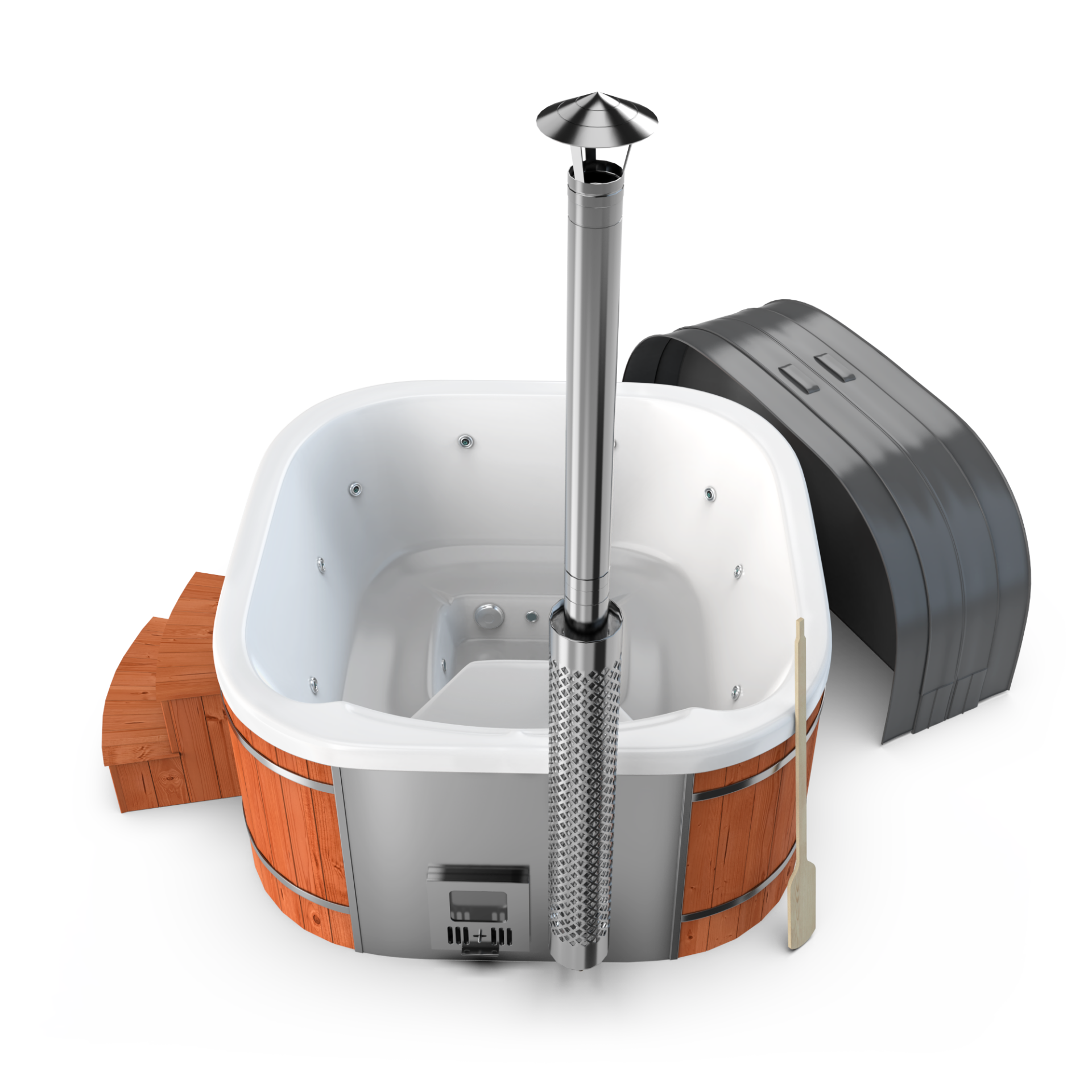 Wood-paneled round hot tub with a central metal chimney and built-in wooden backrests.