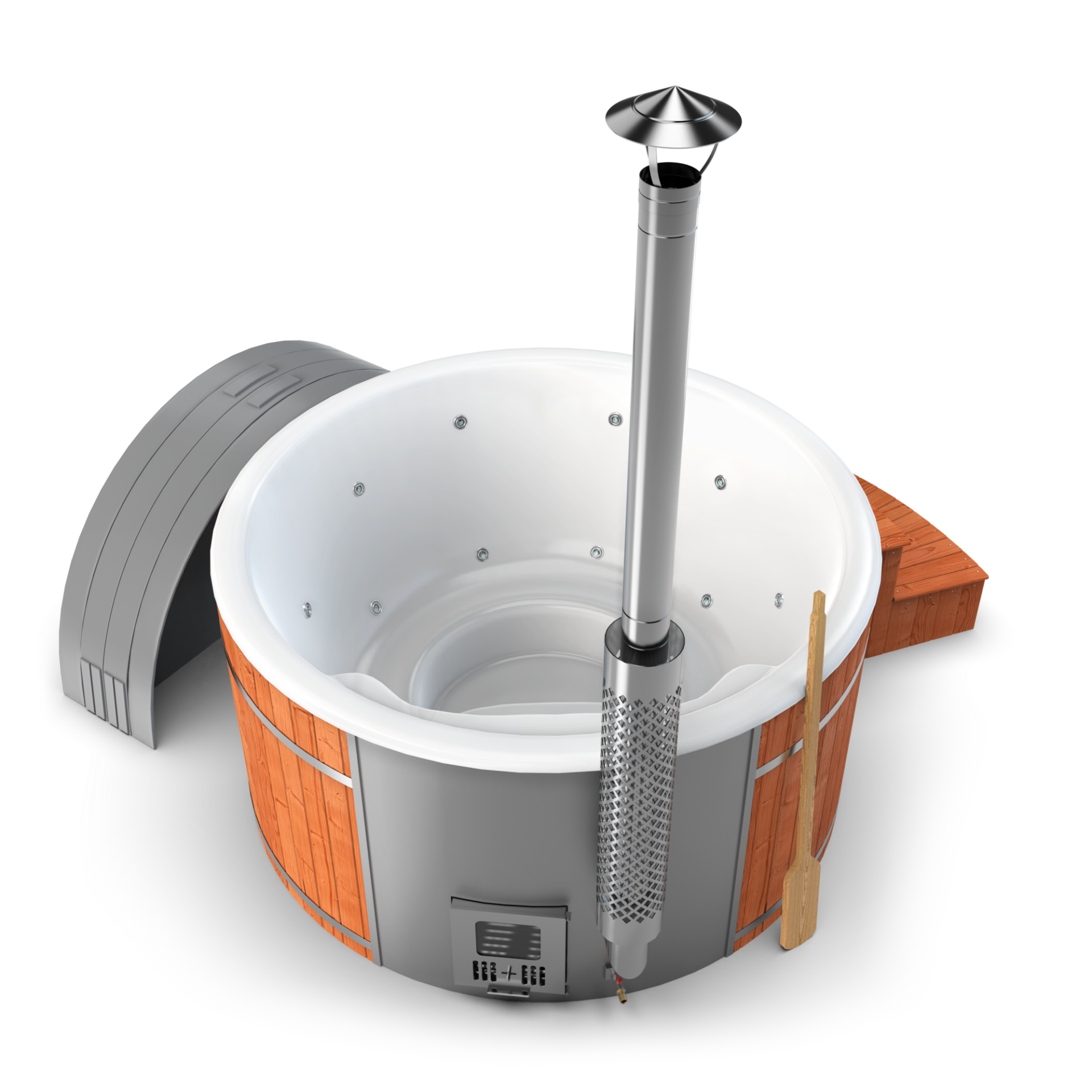 Round wooden hot tub with white interior and a tall metal chimney pipe.