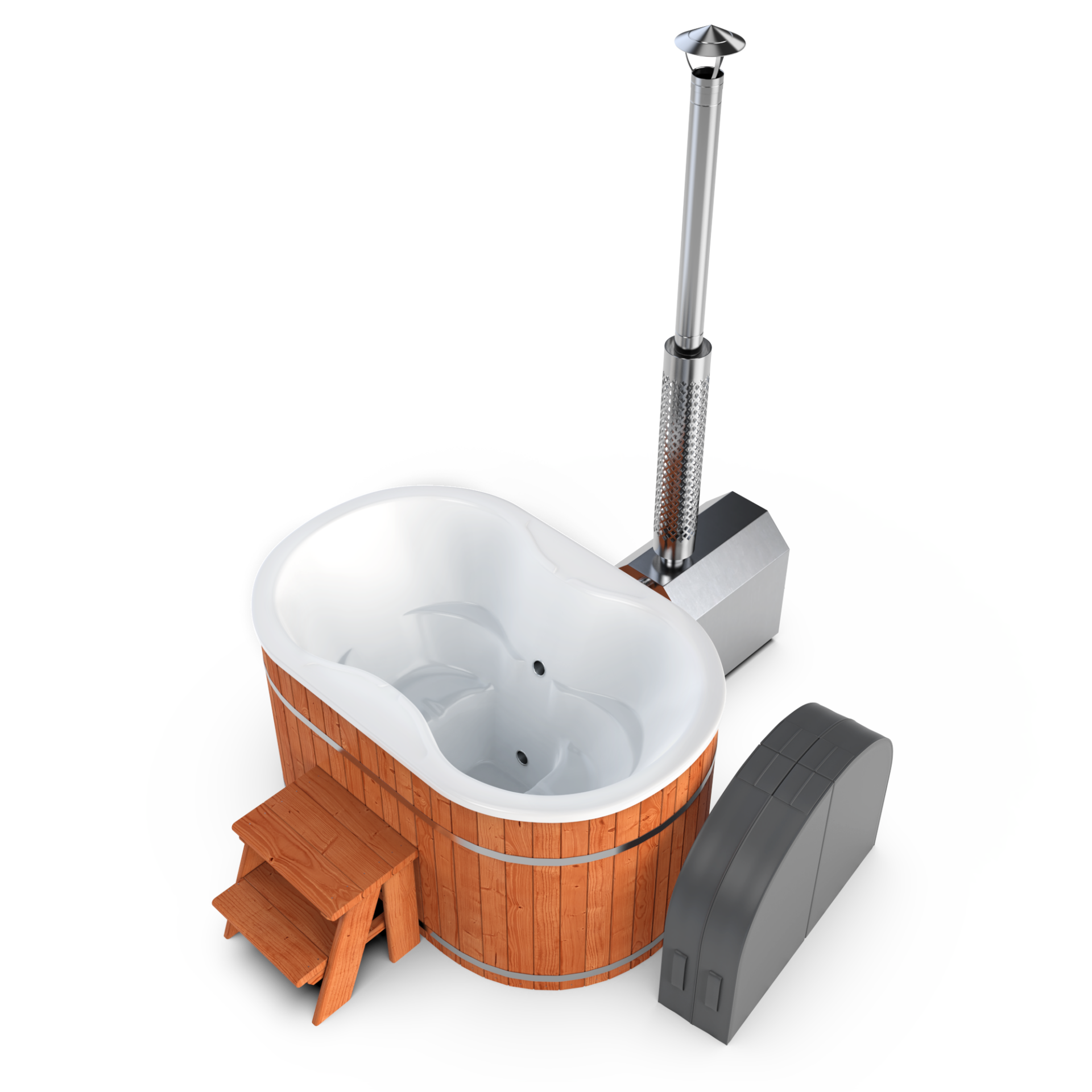 Round wooden hot tub with white interior and a tall metal chimney pipe.