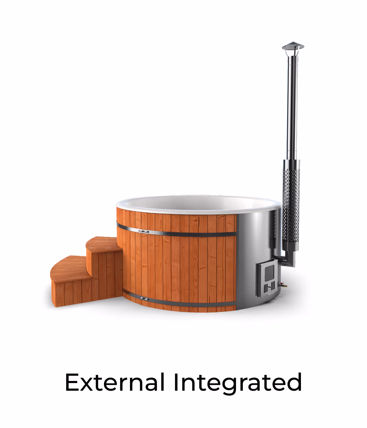 Wooden hot tub with external integrated stainless steel heater and chimney, accompanied by wooden steps.
