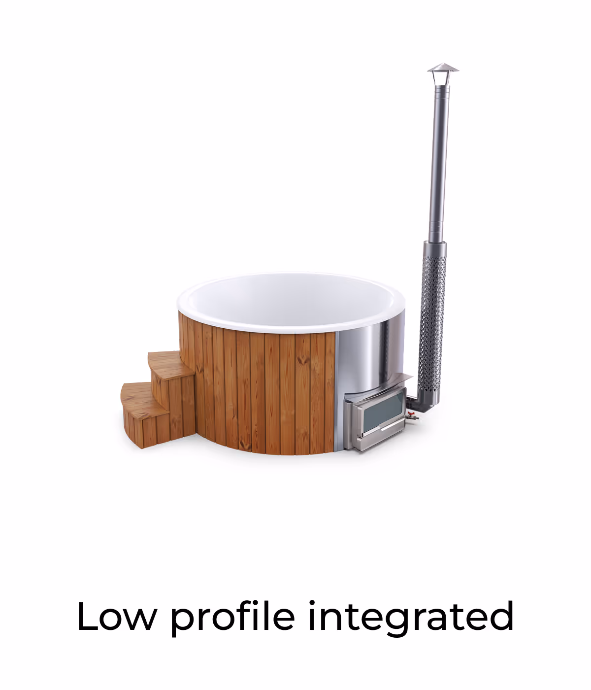 Round wooden hot tub with stainless steel integrated heater and tall chimney on white background.