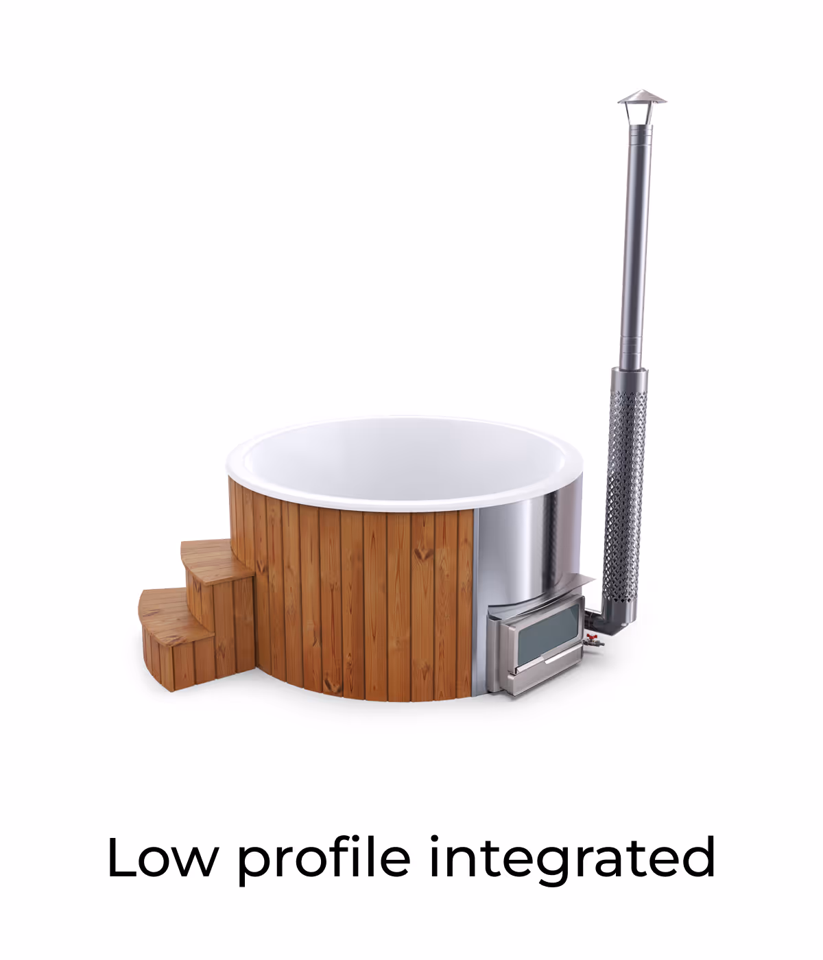 Round wooden hot tub with stainless steel stove and chimney on the side, featuring wooden steps.
