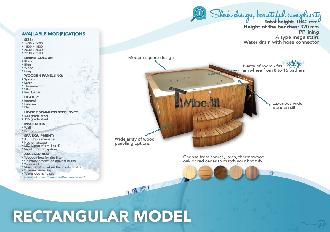 Rectangular wooden hot tub with wide wooden sill and mega stairs, showing modern design and options for spruce, larch, thermowood, oak, or red cedar paneling.