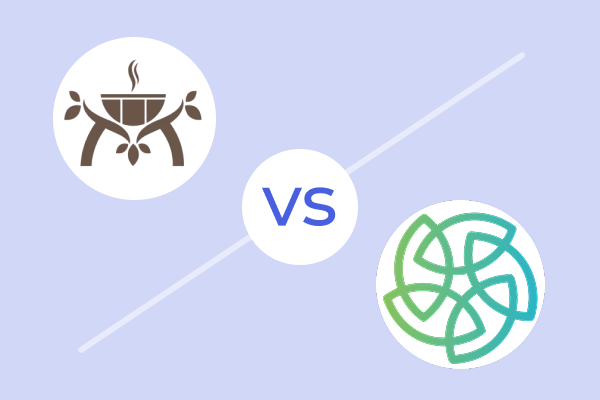 Comparison graphic with two circular logos separated by a diagonal line, brown steaming cup with leaves on the left, and blue-green abstract interwoven shapes on the right, with 'VS' text in the center.