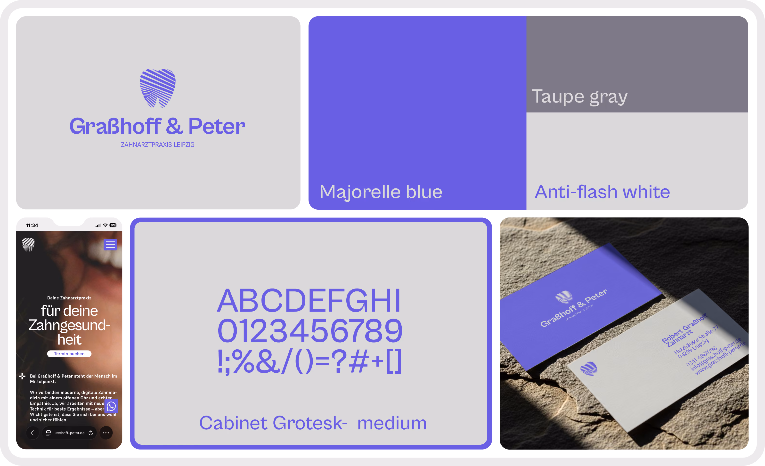 Bild Branding board for Graßhoff & Peter dental practice with color palette, font, logo, website, and business cards.