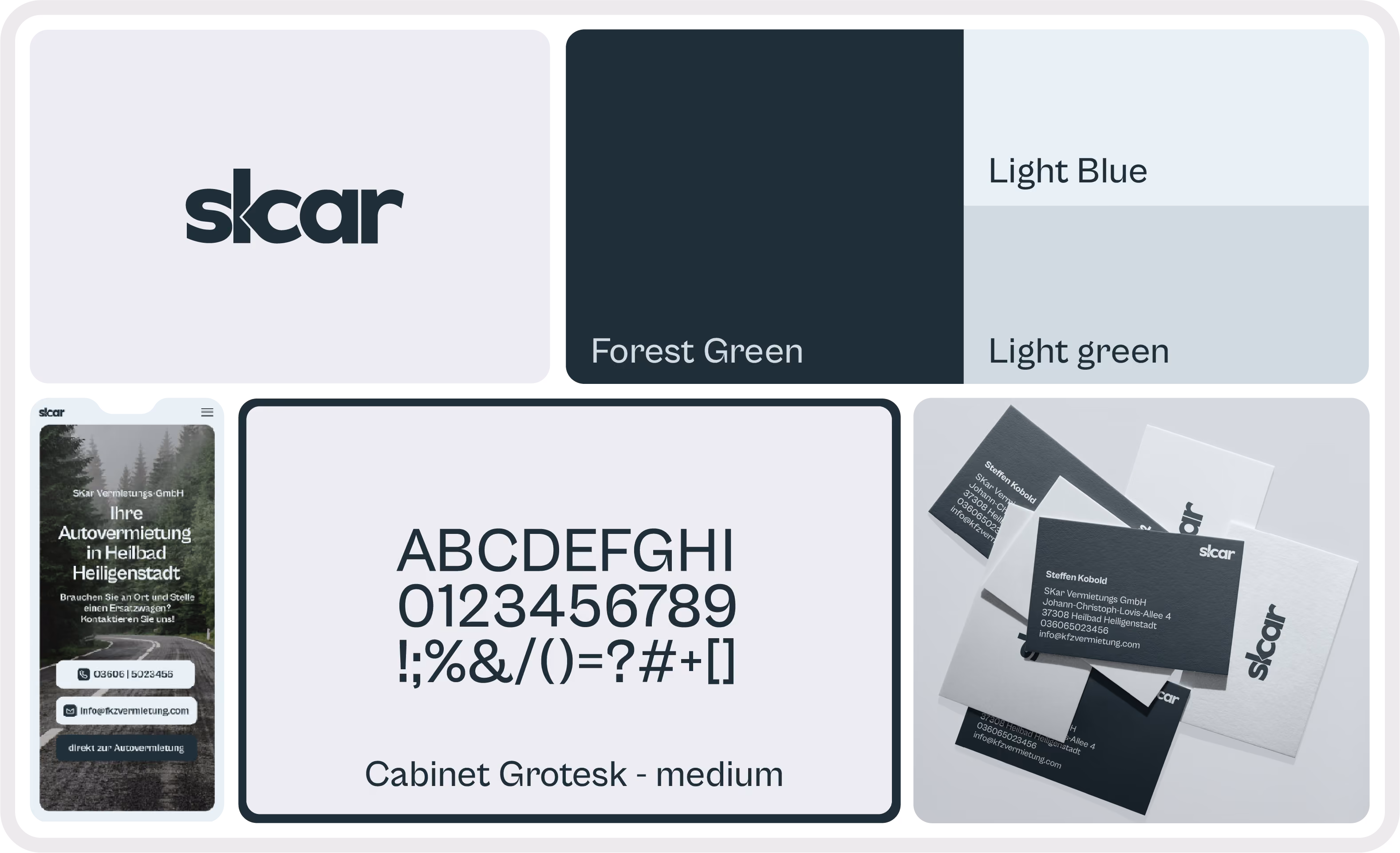 Bild Branding board with Skar logo, forest green and light blue colors, Cabinet Grotesk font, and business cards.